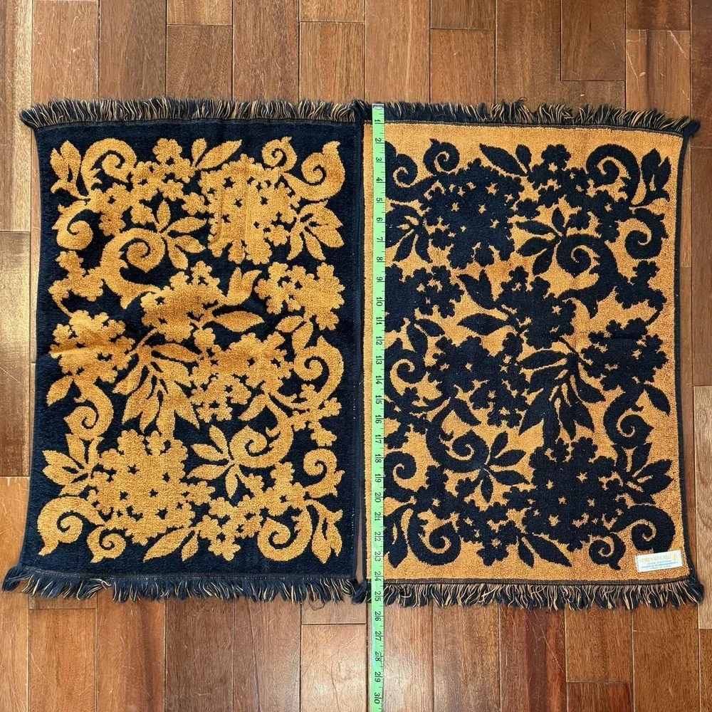 6pc VTG 1960s MCM Springmaid Orange Black Damask Bath Towel Set Hand Washcloth‎